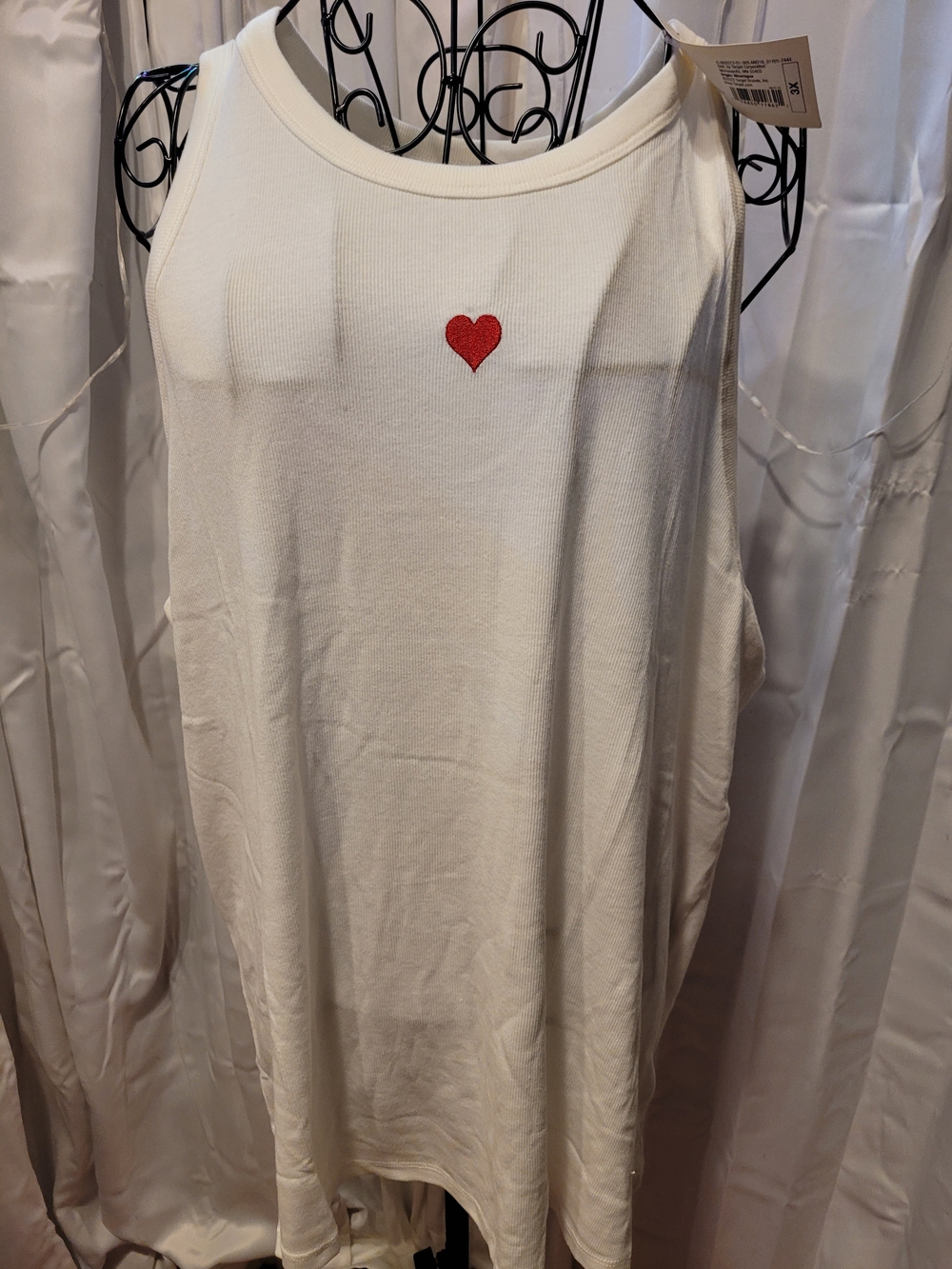 a new day White Tank Top with Red Heart Embroidery